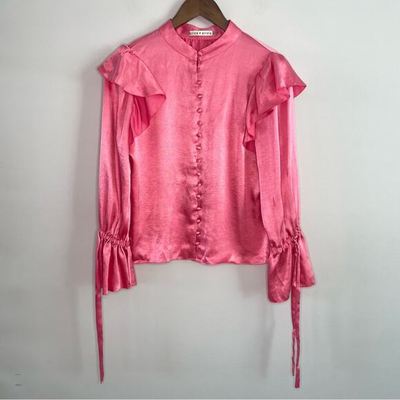 Alice + Olivia | Womens Barbie Pink Brayden Ruffled Satin Blouse Tie Sleeves Top - Picture 5 of 10